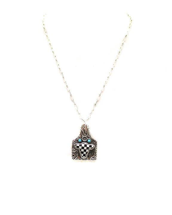 Western Cattle Tag Cow Head Checker Necklace