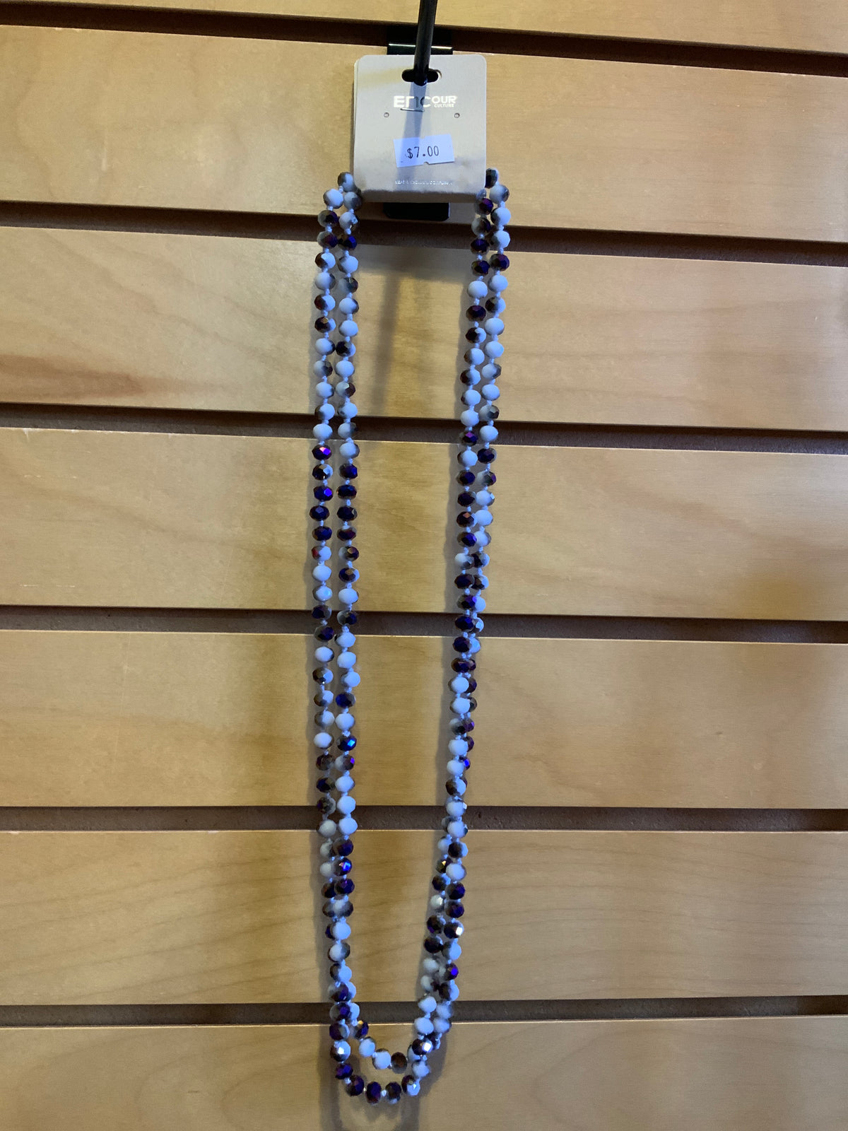 60” Multi-strand Hand Knotted Pearl White and Iridescent Dark Purple Beaded Necklace