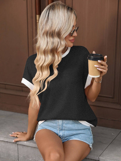 Khaki Contrast Trim Knit Tee Loose Crew Neck Top: Dark Blue / 65%Polyester+30%Viscose+5%Elastane / XL