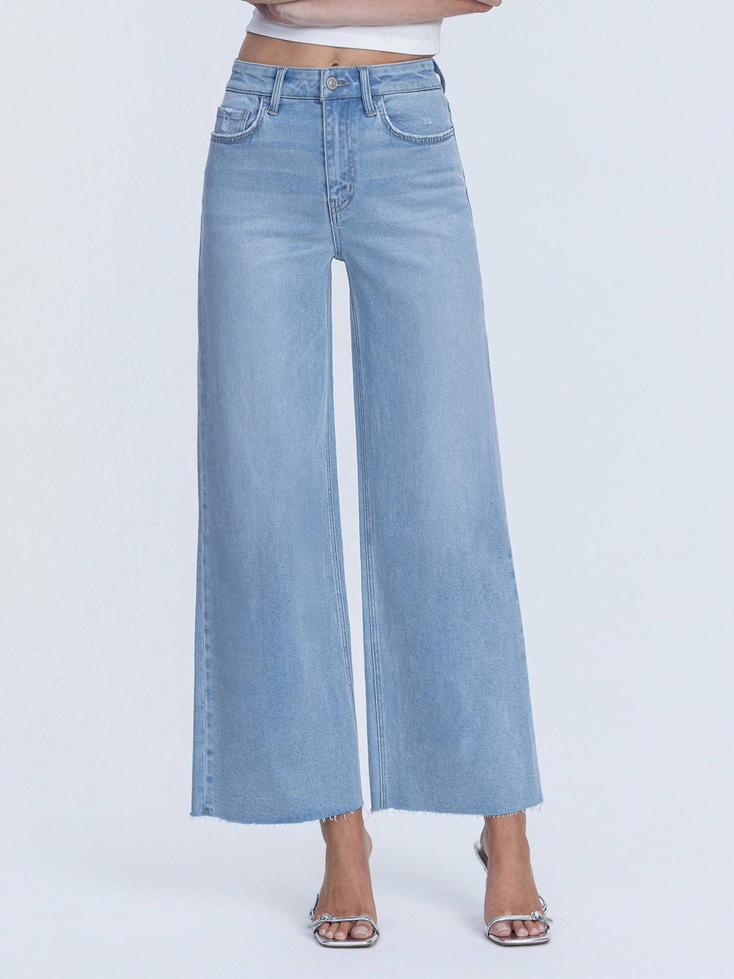 HIGH RISE LIGHT WASH RAW HEM ANKLE WIDE JEANS LV1918