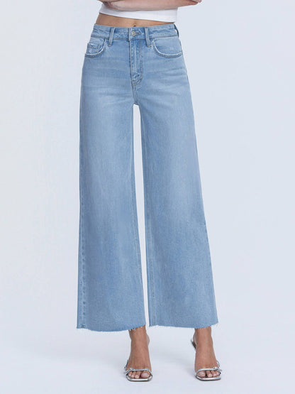 HIGH RISE LIGHT WASH RAW HEM ANKLE WIDE JEANS LV1918