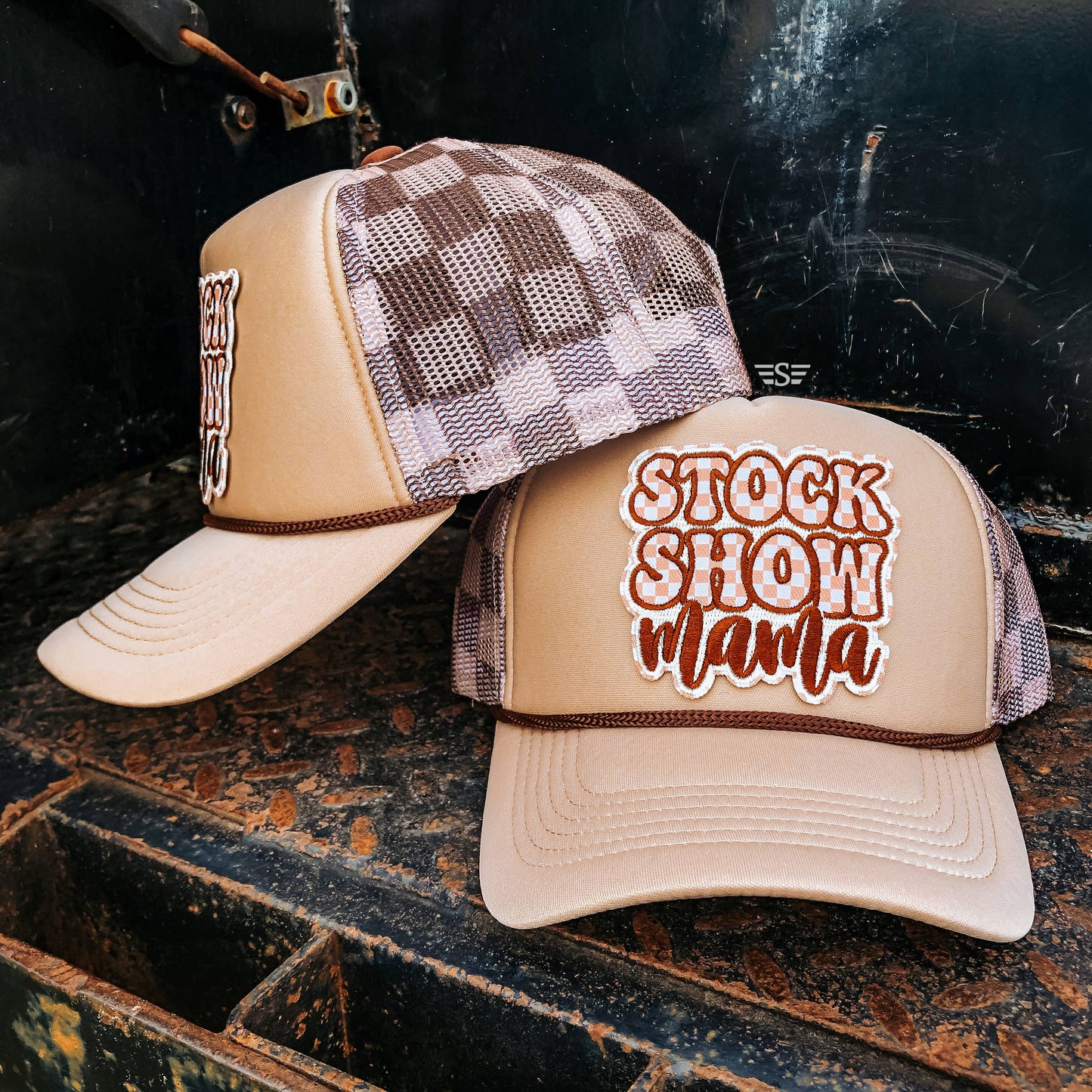 Stock Show Mama Printed Mesh Trucker Cap: Tan/ Brown Check