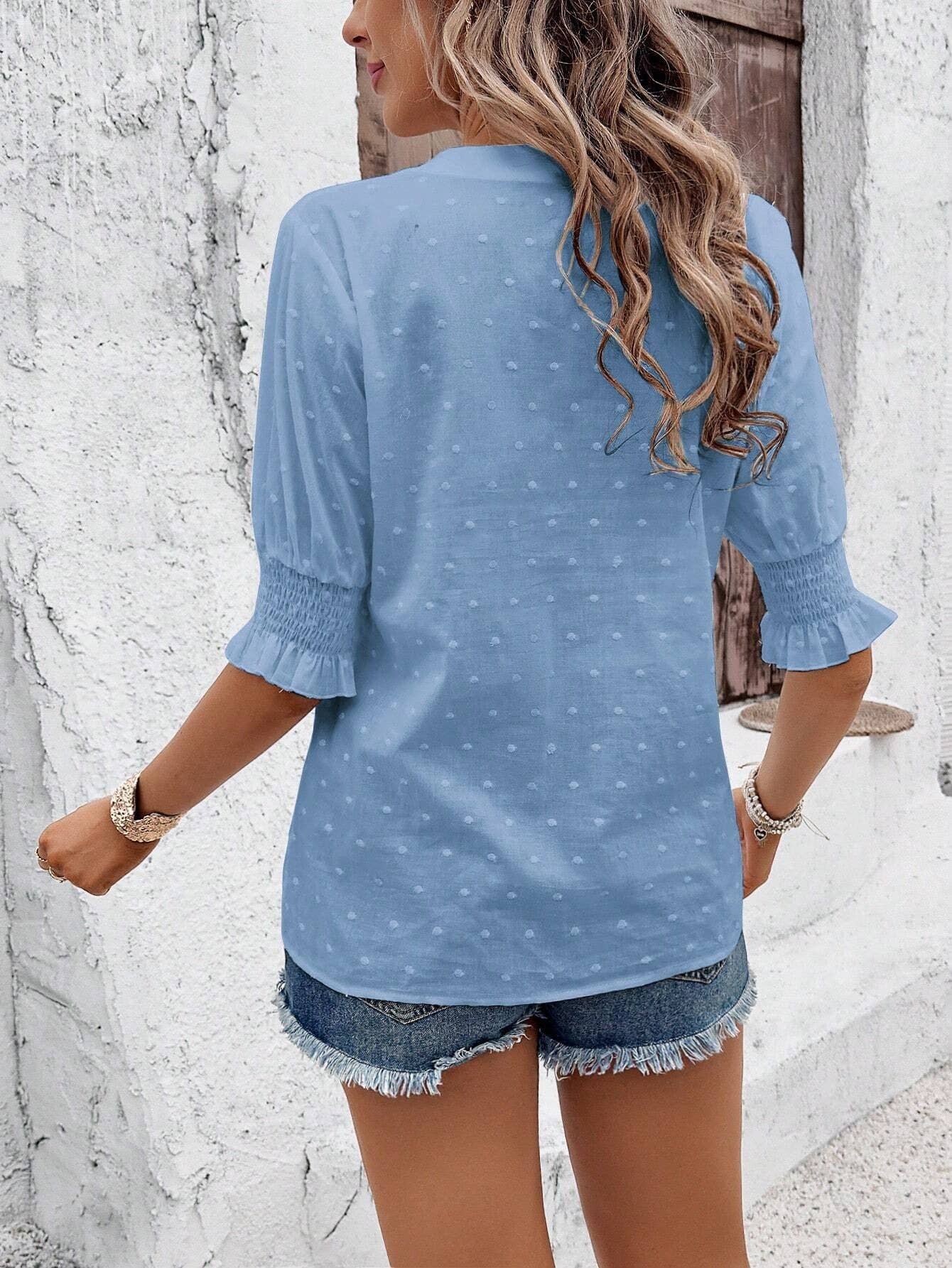 Hollow Out Half Sleeve Boho Top with Ruffle Trim: Rose Red / XL