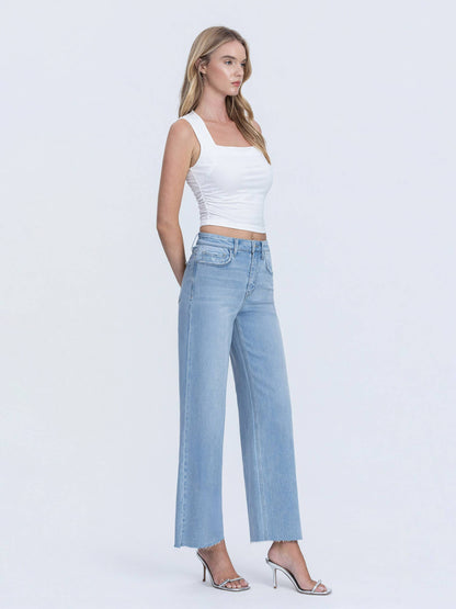 HIGH RISE LIGHT WASH RAW HEM ANKLE WIDE JEANS LV1918