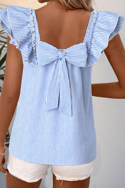 Fashion-W Textured Bow Knot Frilled Butterfly Sleeve Blouse: Blue-Stripe / Missy / M