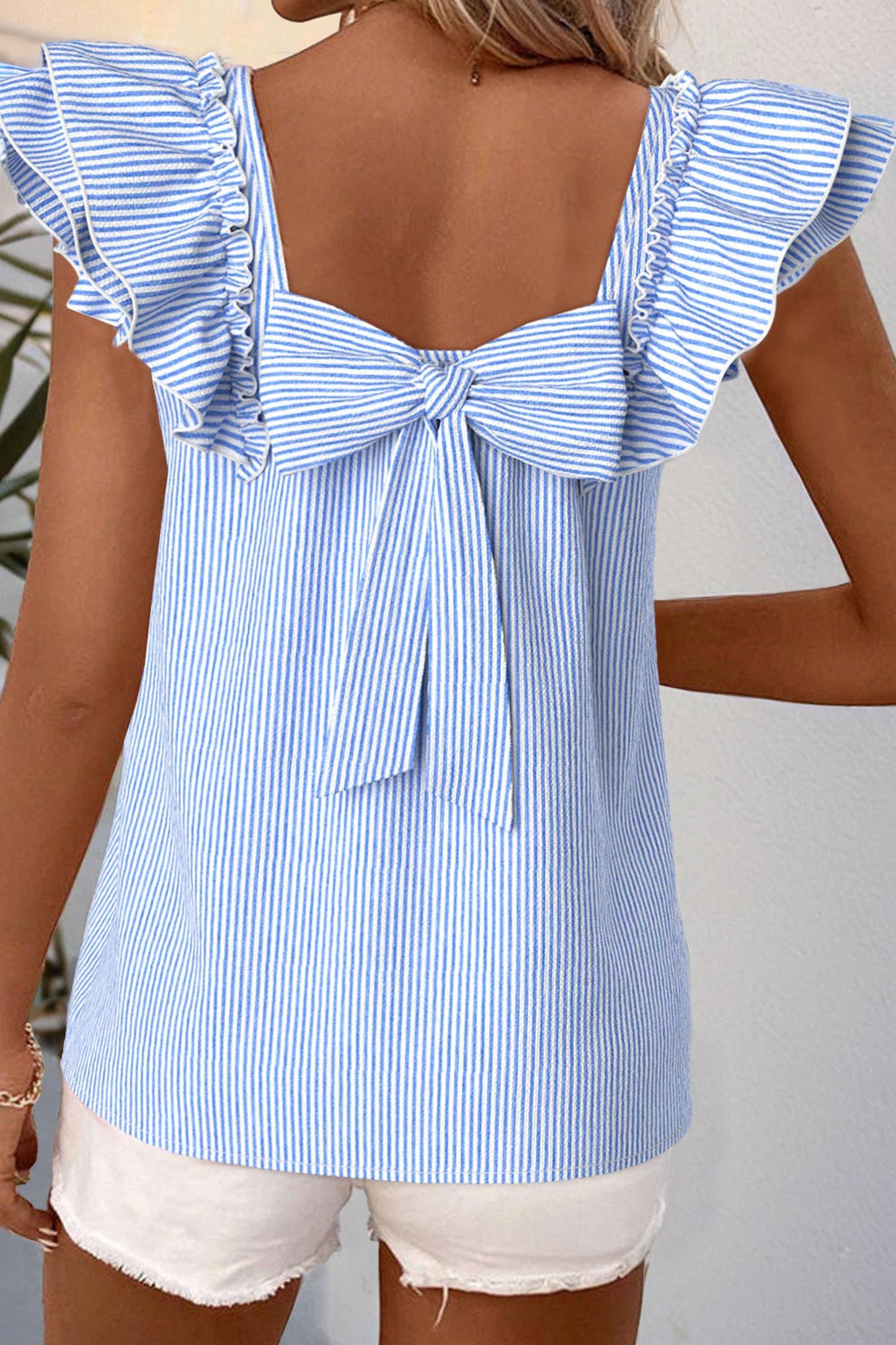 Fashion-W Textured Bow Knot Frilled Butterfly Sleeve Blouse: Blue-Stripe / Missy / XL