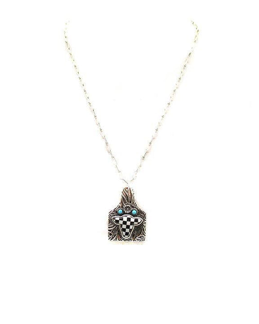 Western Cattle Tag Cow Head Checker Necklace