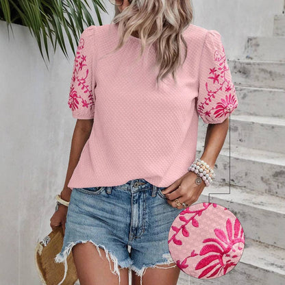 Puff Sleeve Embroidered Blouse for Women Summer: Black / 95% and above polyester (polyester fiber) / L