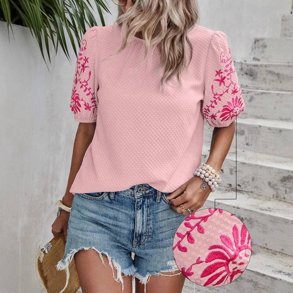 Puff Sleeve Embroidered Blouse for Women Summer: Black / 95% and above polyester (polyester fiber) / XL