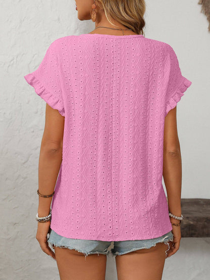 Women’s Eyelet Knit Crewneck Ruffle Sleeve Summer Top: Blue / 65%Polyester+30%Viscose+5%Elastane / M