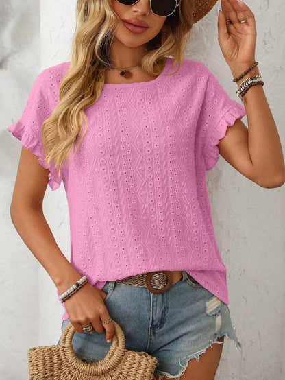 Women’s Eyelet Knit Crewneck Ruffle Sleeve Summer Top: Blue / 65%Polyester+30%Viscose+5%Elastane / 2XL