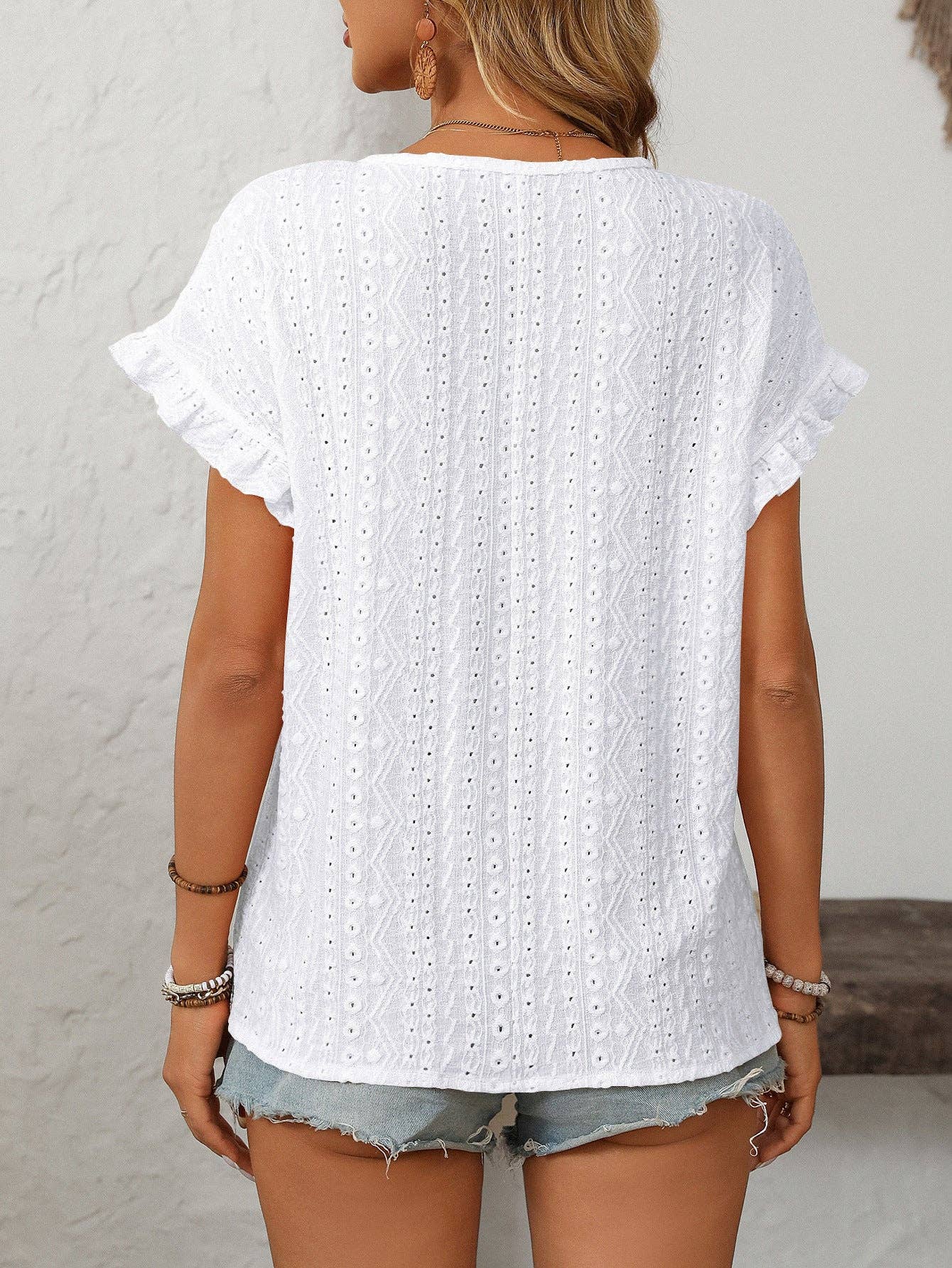 Women’s Eyelet Knit Crewneck Ruffle Sleeve Summer Top: Blue / 65%Polyester+30%Viscose+5%Elastane / 2XL