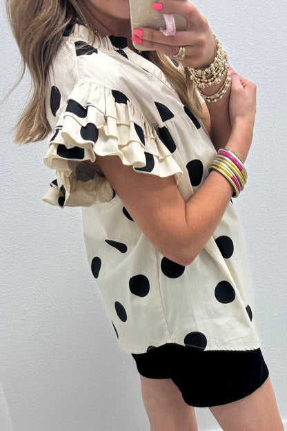 Spring 2026 Polka Dot Print V Neck Ruffle Sleeve Blouse: Apricot / L