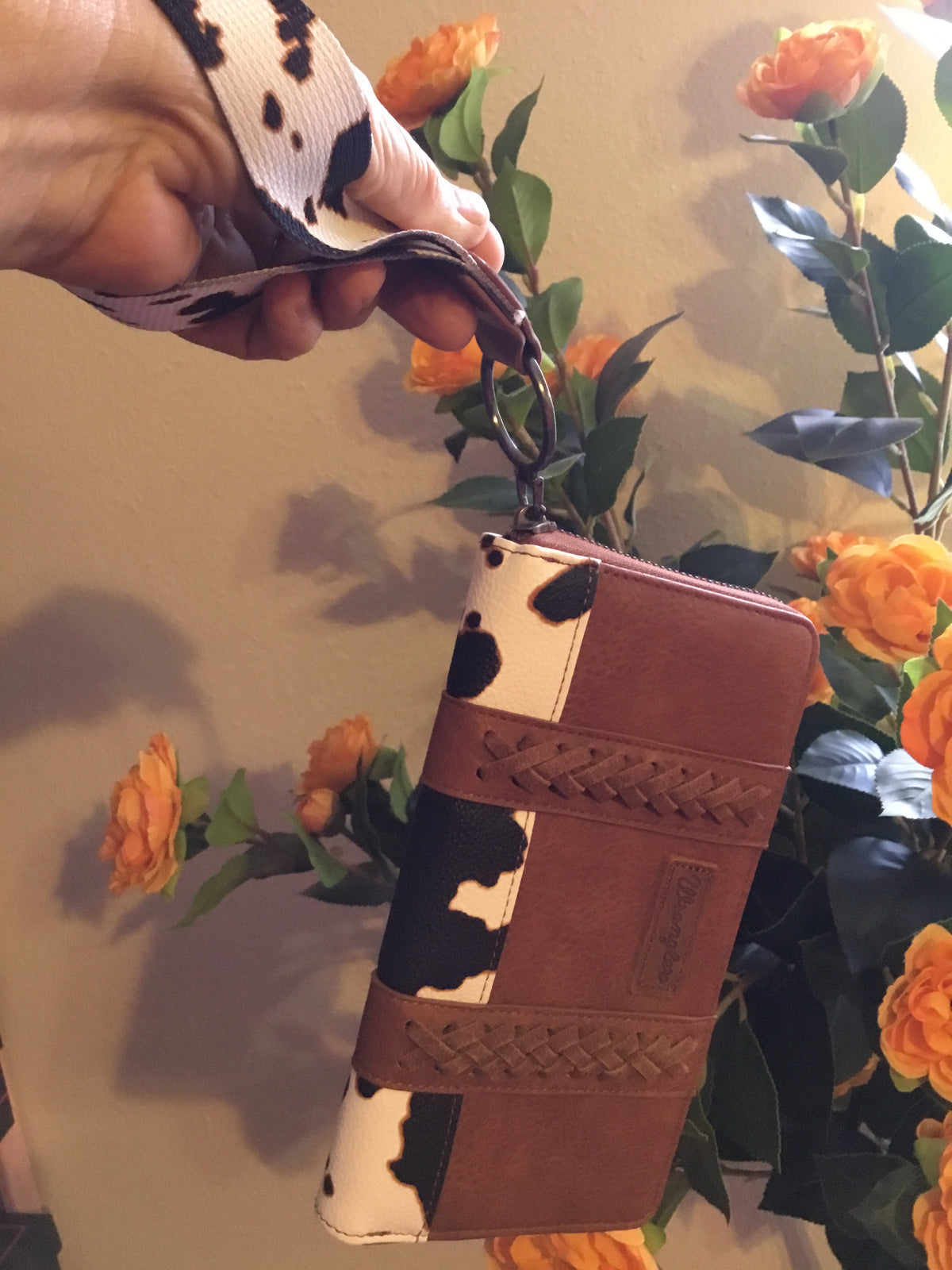 Brown Wrangler Cow Print Wristlet Wallet