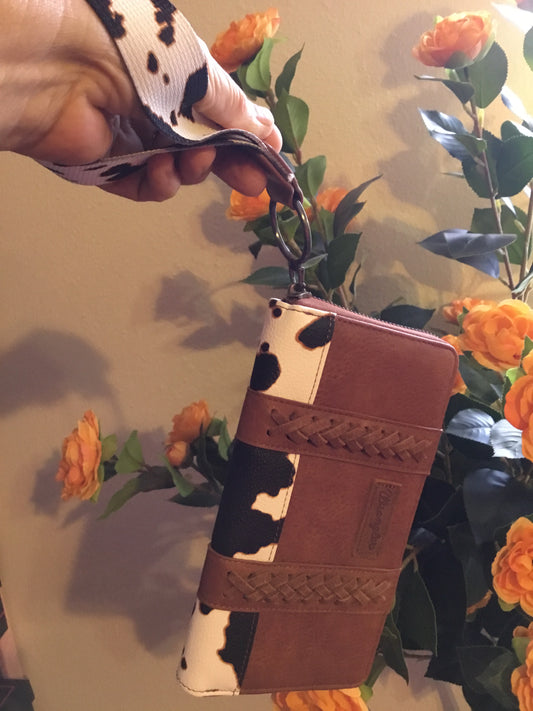 Brown Wrangler Cow Print Wristlet Wallet