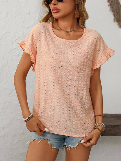 Women’s Eyelet Knit Crewneck Ruffle Sleeve Summer Top: Blue / 65%Polyester+30%Viscose+5%Elastane / M