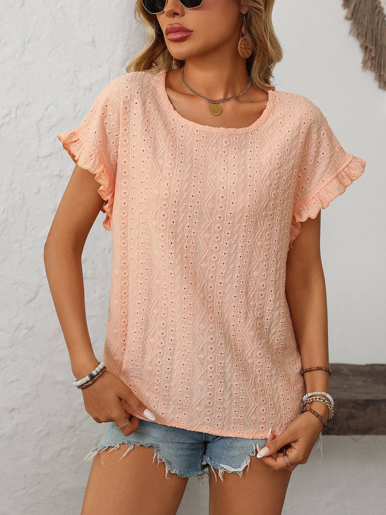 Women’s Eyelet Knit Crewneck Ruffle Sleeve Summer Top: Blue / 65%Polyester+30%Viscose+5%Elastane / S