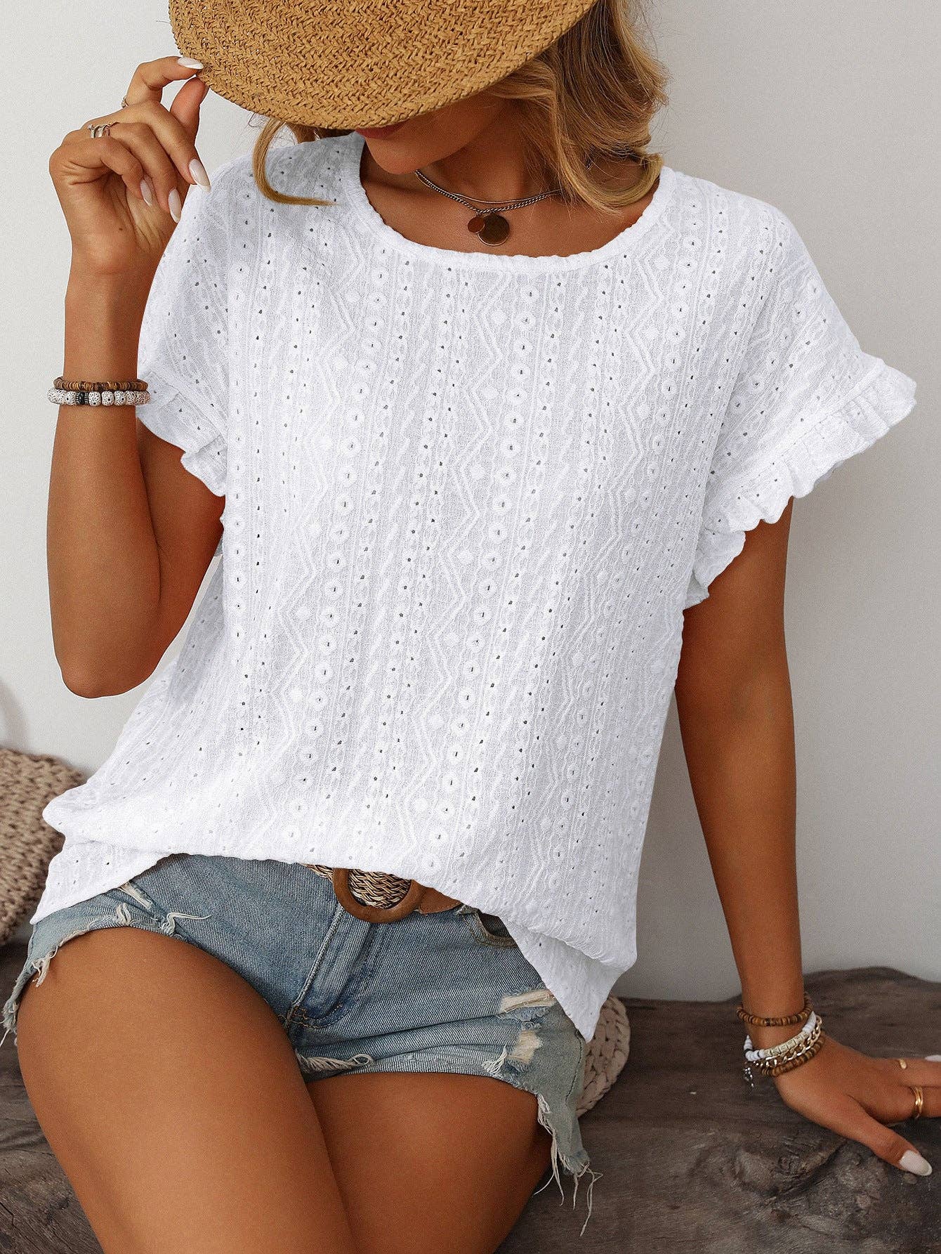 Women’s Eyelet Knit Crewneck Ruffle Sleeve Summer Top: Blue / 65%Polyester+30%Viscose+5%Elastane / S