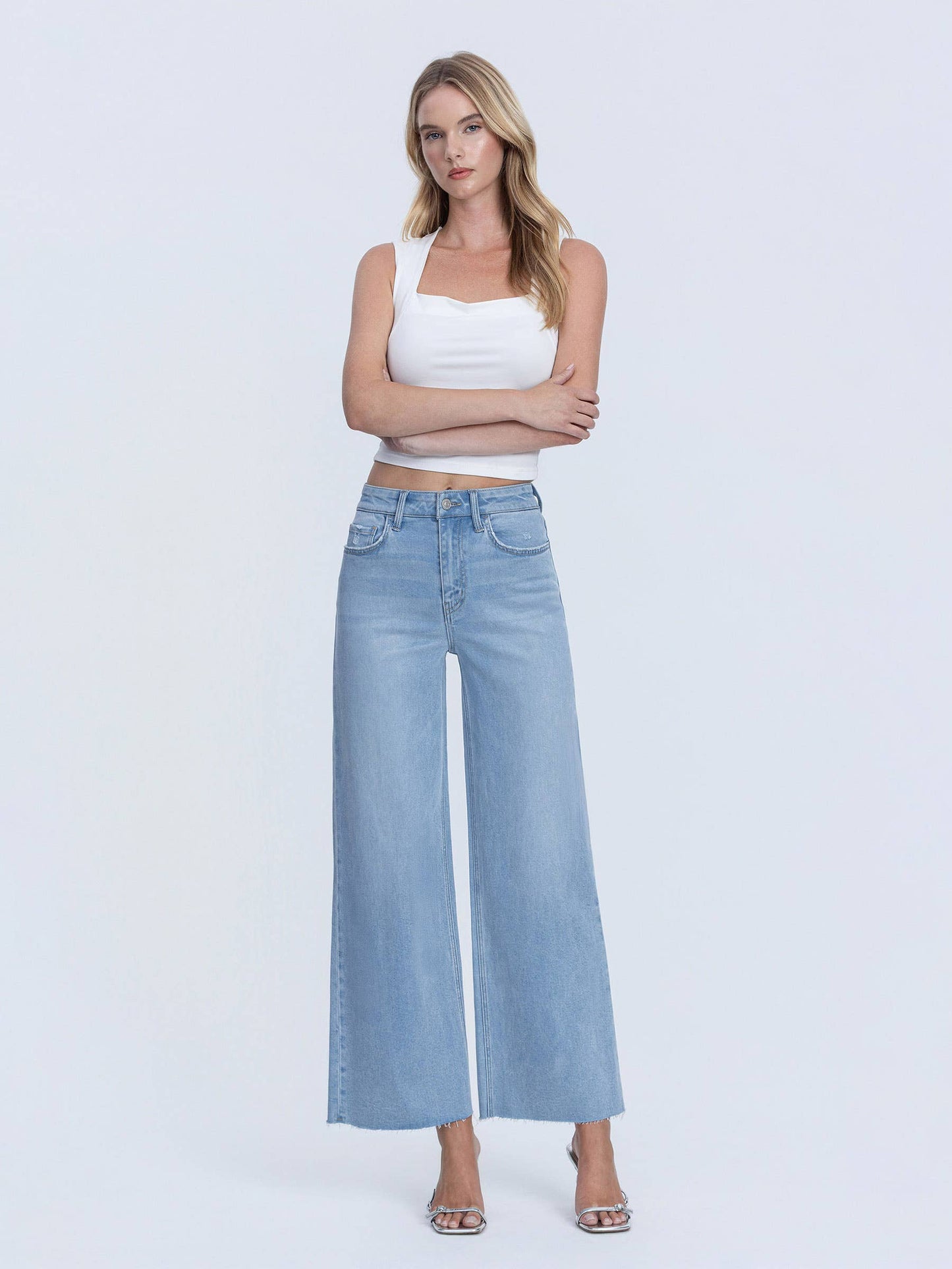 HIGH RISE LIGHT WASH RAW HEM ANKLE WIDE JEANS LV1918