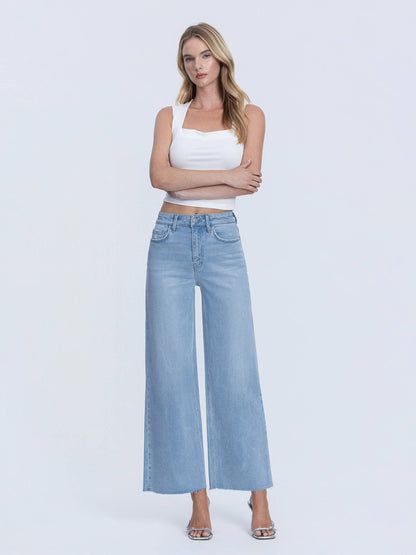 HIGH RISE LIGHT WASH RAW HEM ANKLE WIDE JEANS LV1918