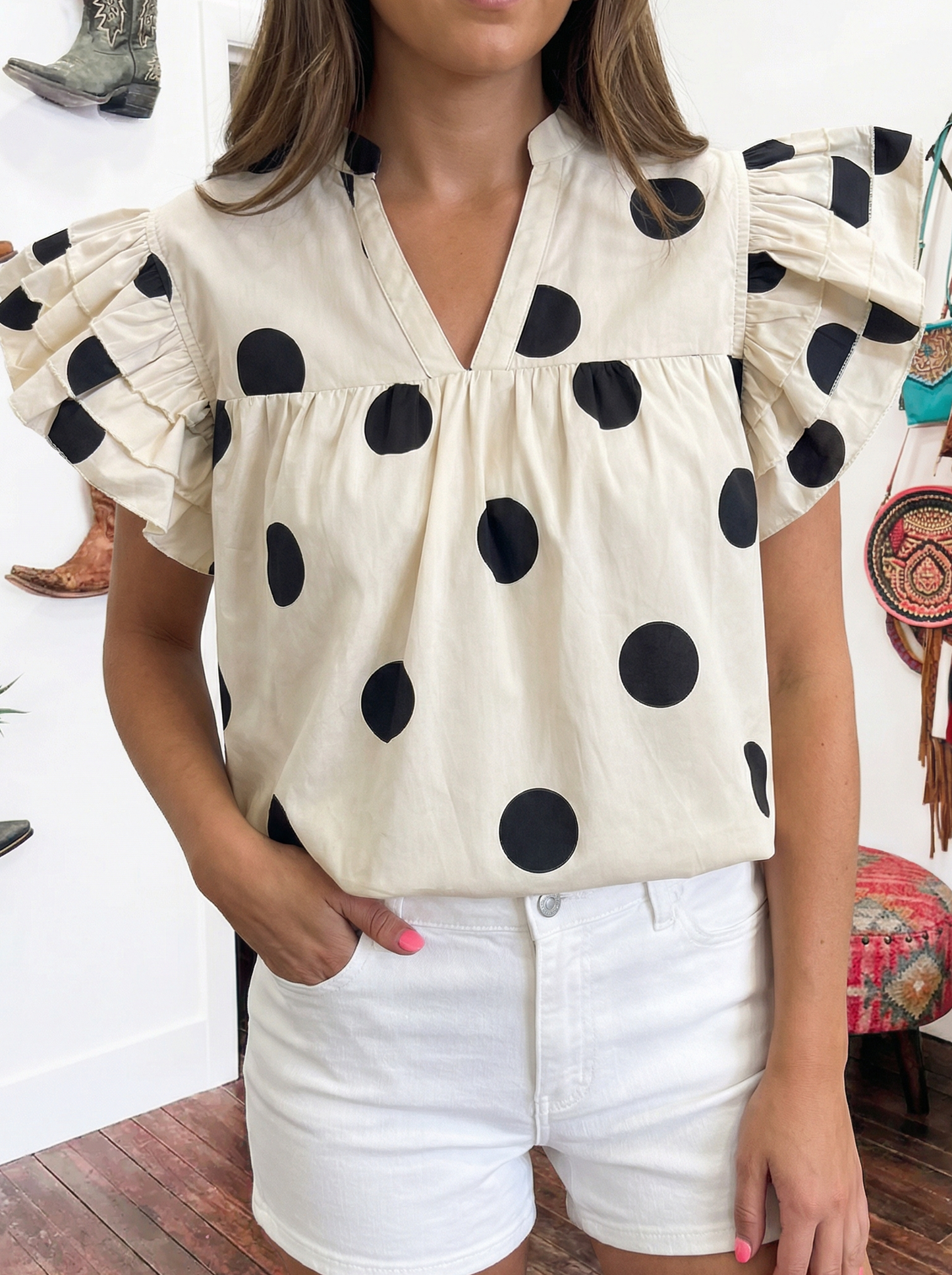 Spring 2026 Polka Dot Print V Neck Ruffle Sleeve Blouse: Apricot / S