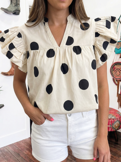 Spring 2026 Polka Dot Print V Neck Ruffle Sleeve Blouse: Apricot / S