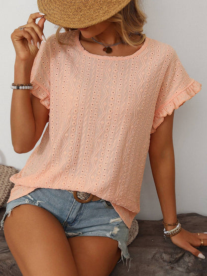 Women’s Eyelet Knit Crewneck Ruffle Sleeve Summer Top: Blue / 65%Polyester+30%Viscose+5%Elastane / XL