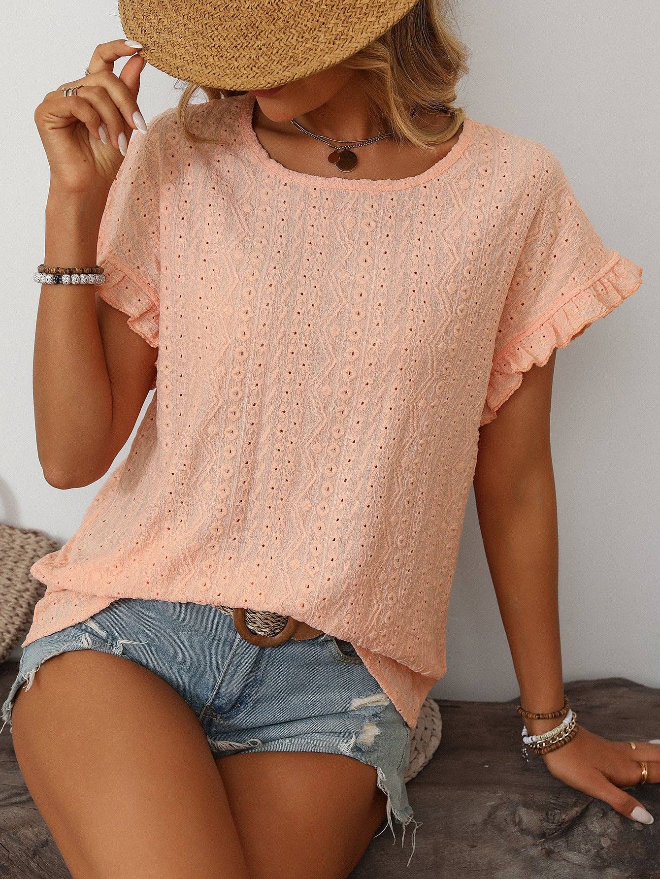 Women’s Eyelet Knit Crewneck Ruffle Sleeve Summer Top: Blue / 65%Polyester+30%Viscose+5%Elastane / 2XL