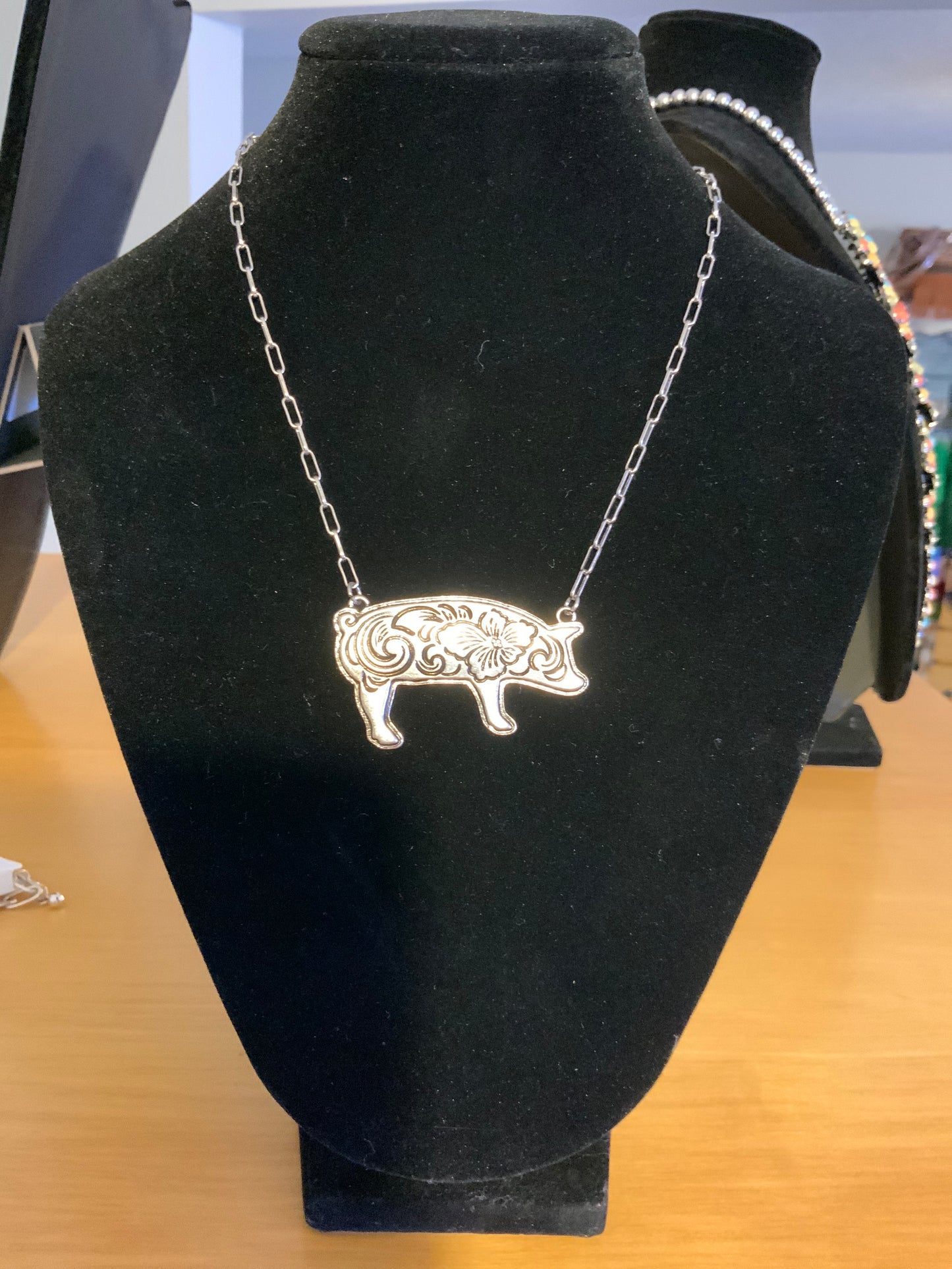 Silver Etched Pig Necklace