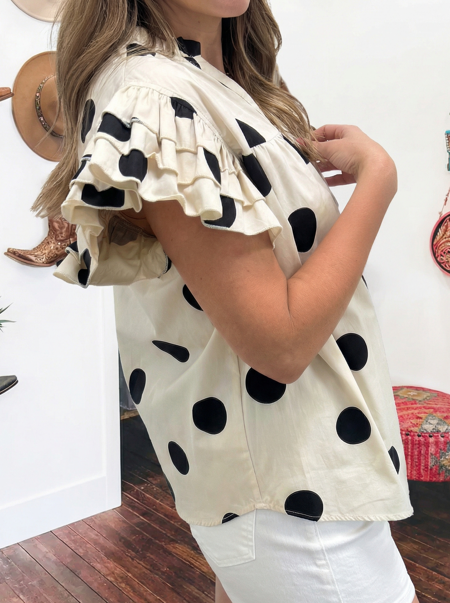 Spring 2026 Polka Dot Print V Neck Ruffle Sleeve Blouse: Apricot / L