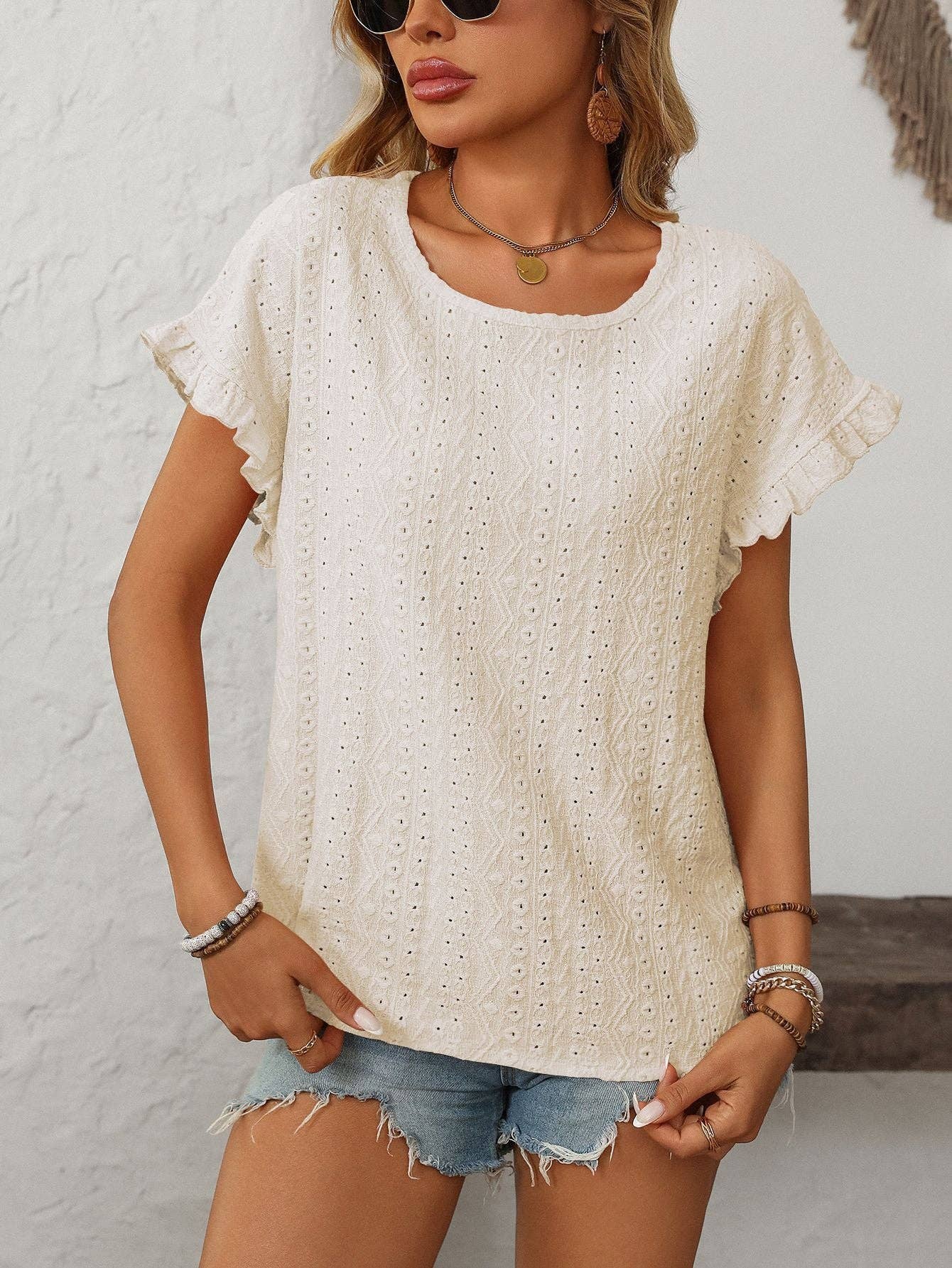 Women’s Eyelet Knit Crewneck Ruffle Sleeve Summer Top: Blue / 65%Polyester+30%Viscose+5%Elastane / 2XL