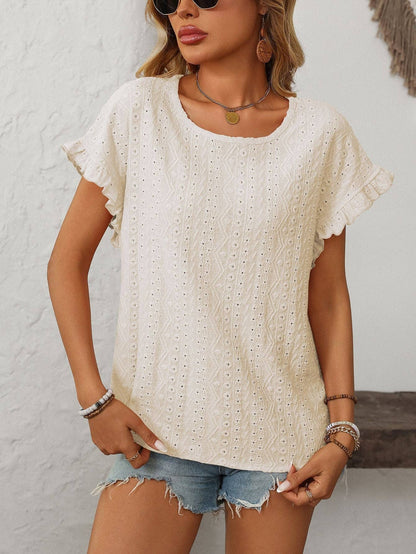 Women’s Eyelet Knit Crewneck Ruffle Sleeve Summer Top: Blue / 65%Polyester+30%Viscose+5%Elastane / 2XL