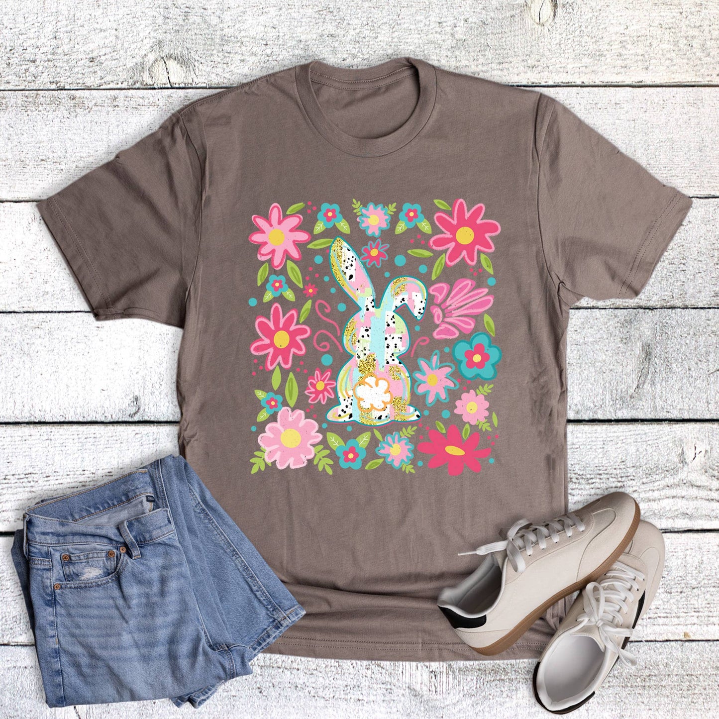 Easter Spotted Bunny and Florals Graphic Tee