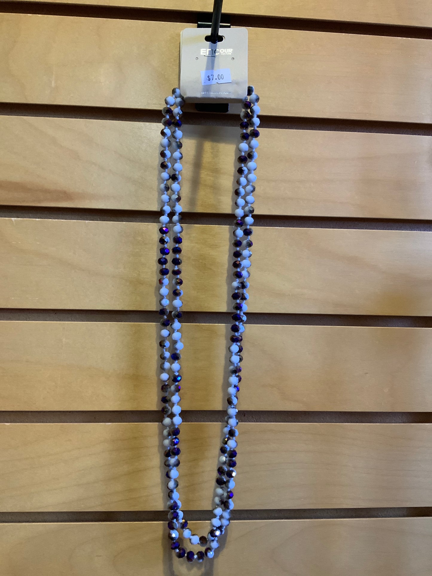 60” Multi-strand Hand Knotted Pearl White and Iridescent Dark Purple Beaded Necklace