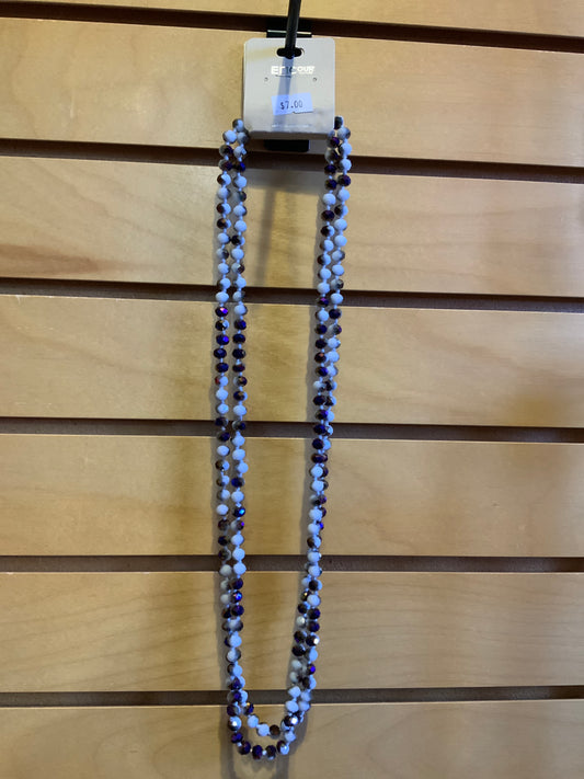 60” Multi-strand Hand Knotted Pearl White and Iridescent Dark Purple Beaded Necklace