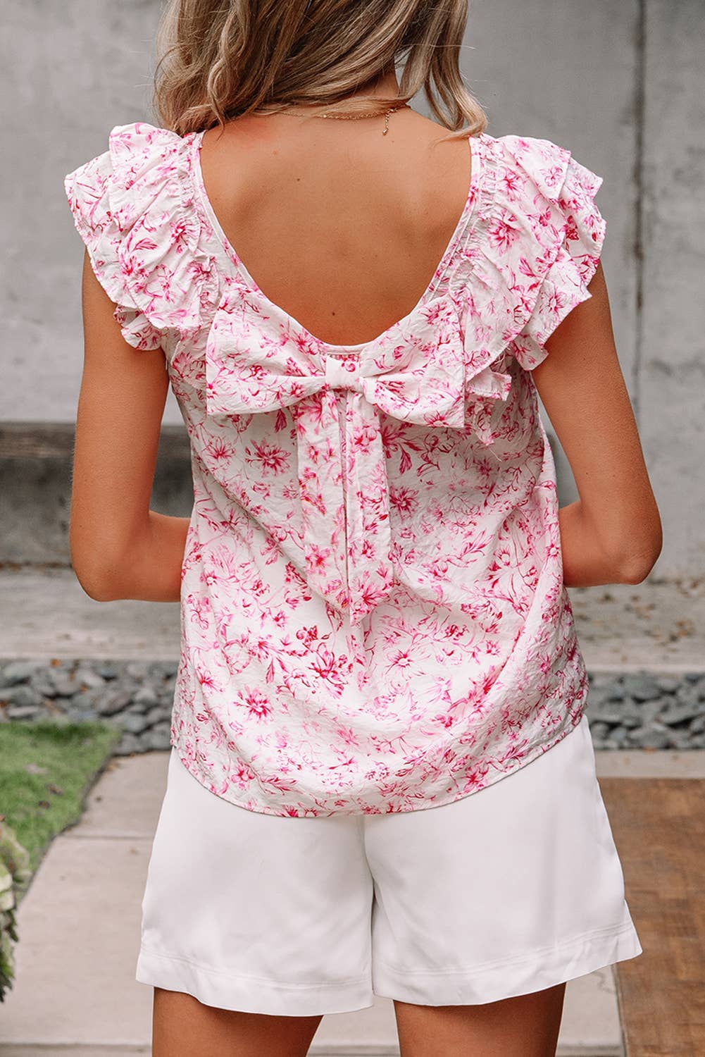 Fashion-W Textured Bow Knot Frilled Butterfly Sleeve Blouse: Blue-Stripe / Missy / M