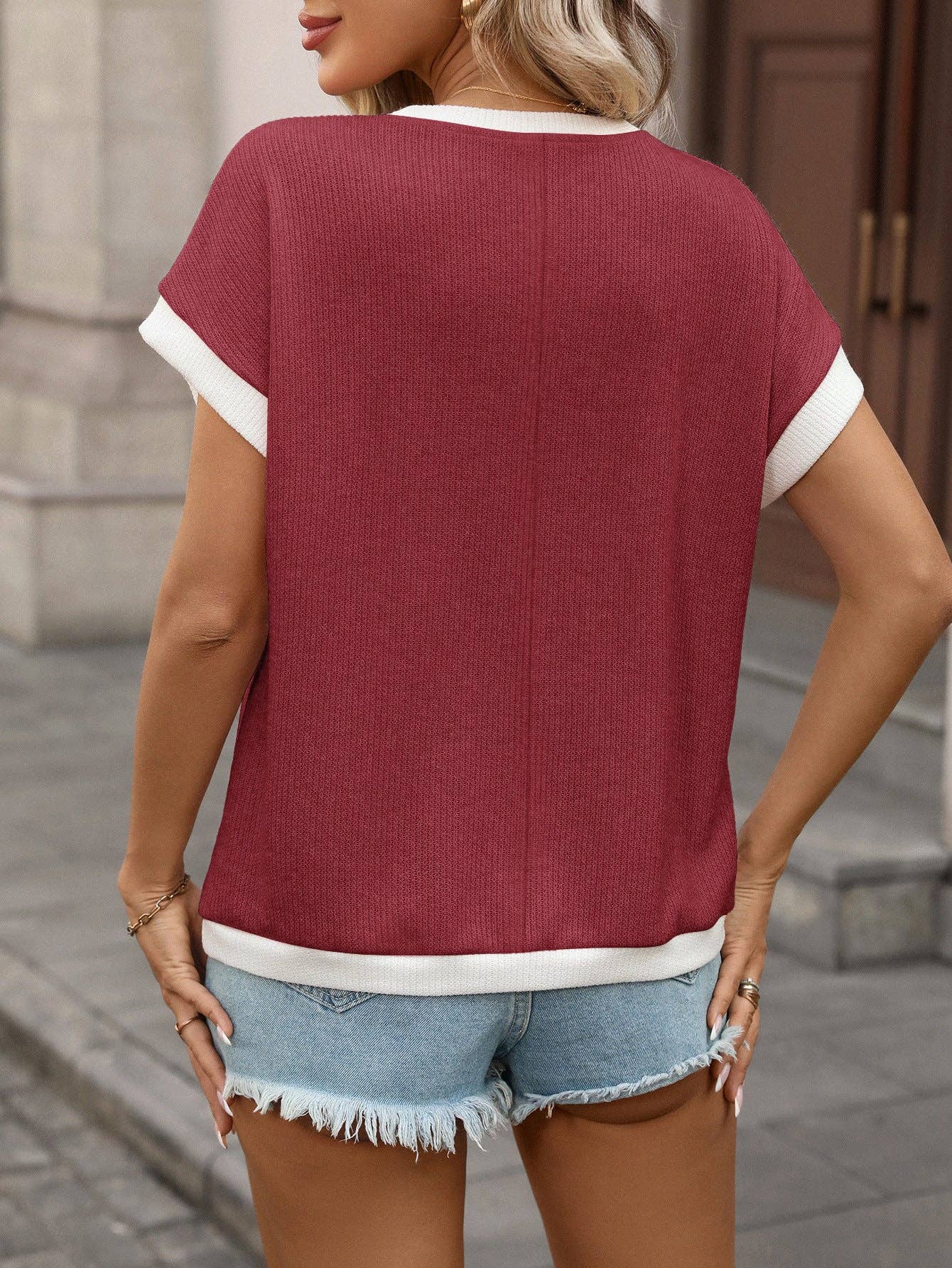 Khaki Contrast Trim Knit Tee Loose Crew Neck Top: Dark Blue / 65%Polyester+30%Viscose+5%Elastane / 2XL