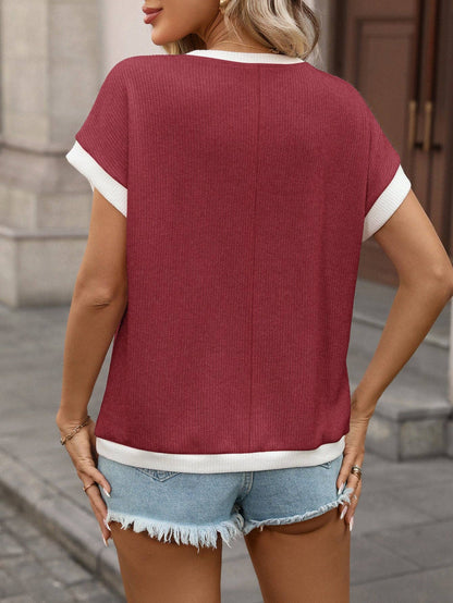 Khaki Contrast Trim Knit Tee Loose Crew Neck Top: Dark Blue / 65%Polyester+30%Viscose+5%Elastane / 2XL