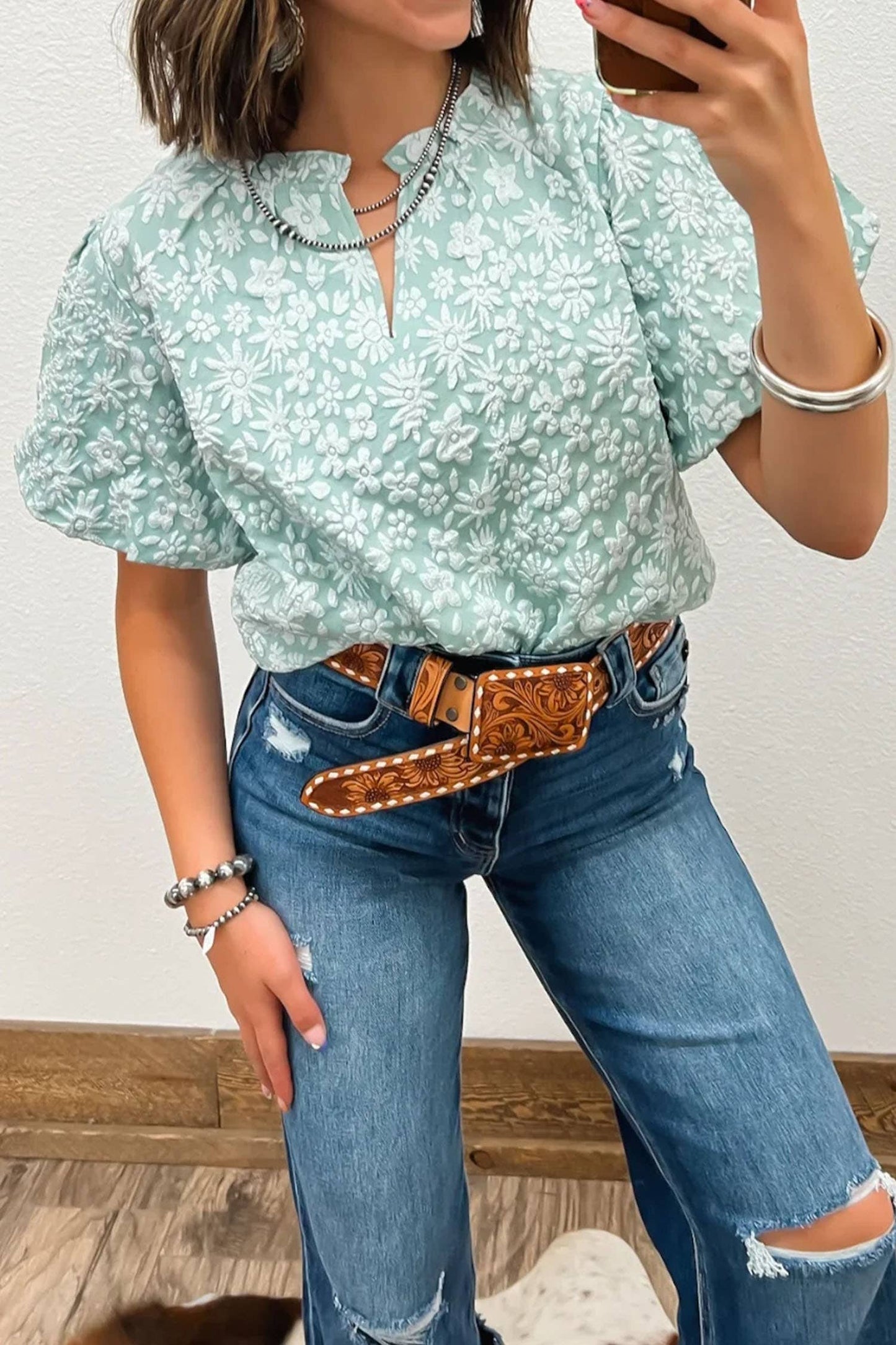 Spring 2026 Western Floral Textured V Neck Blouse: Iceland Blue / XL