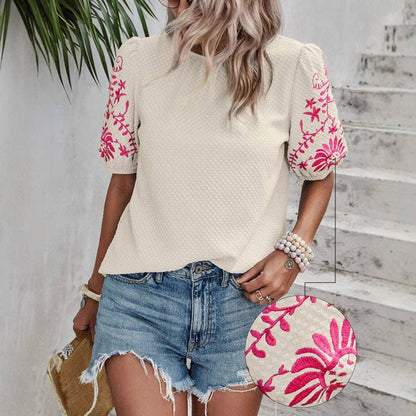 Puff Sleeve Embroidered Blouse for Women Summer: Black / 95% and above polyester (polyester fiber) / M