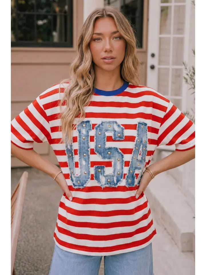 USA Stripe Denim Letter Graphic Tee