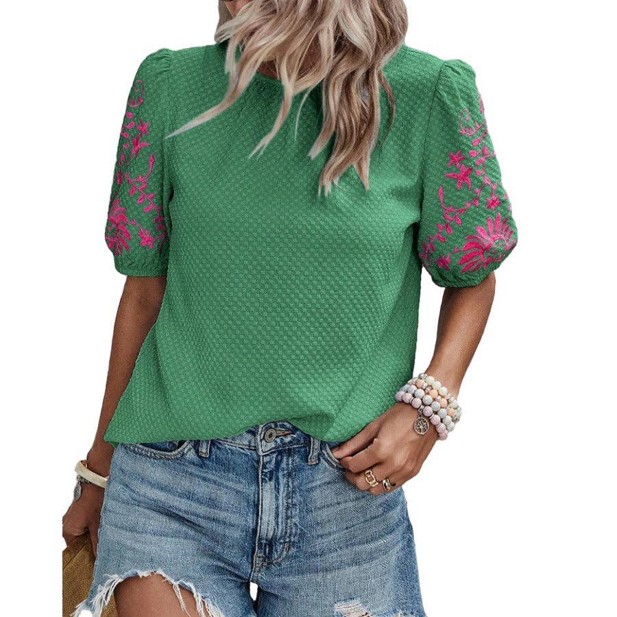 Puff Sleeve Embroidered Blouse for Women Summer: Black / 95% and above polyester (polyester fiber) / L