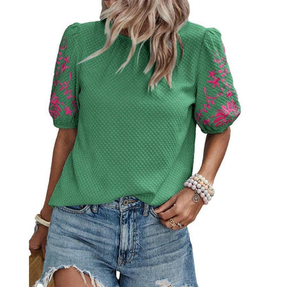 Puff Sleeve Embroidered Blouse for Women Summer: Black / 95% and above polyester (polyester fiber) / L