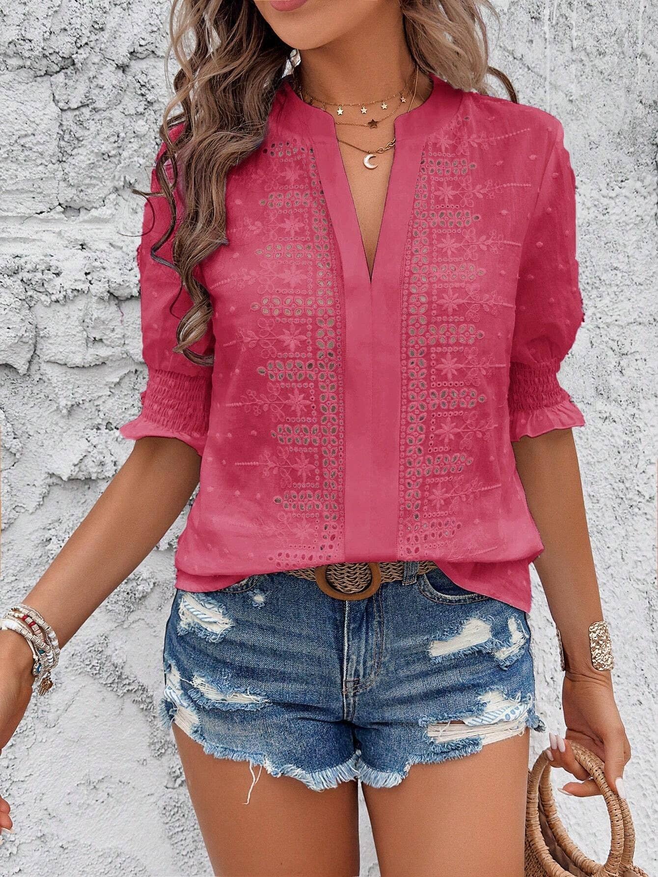 Hollow Out Half Sleeve Boho Top with Ruffle Trim: Rose Red / XL