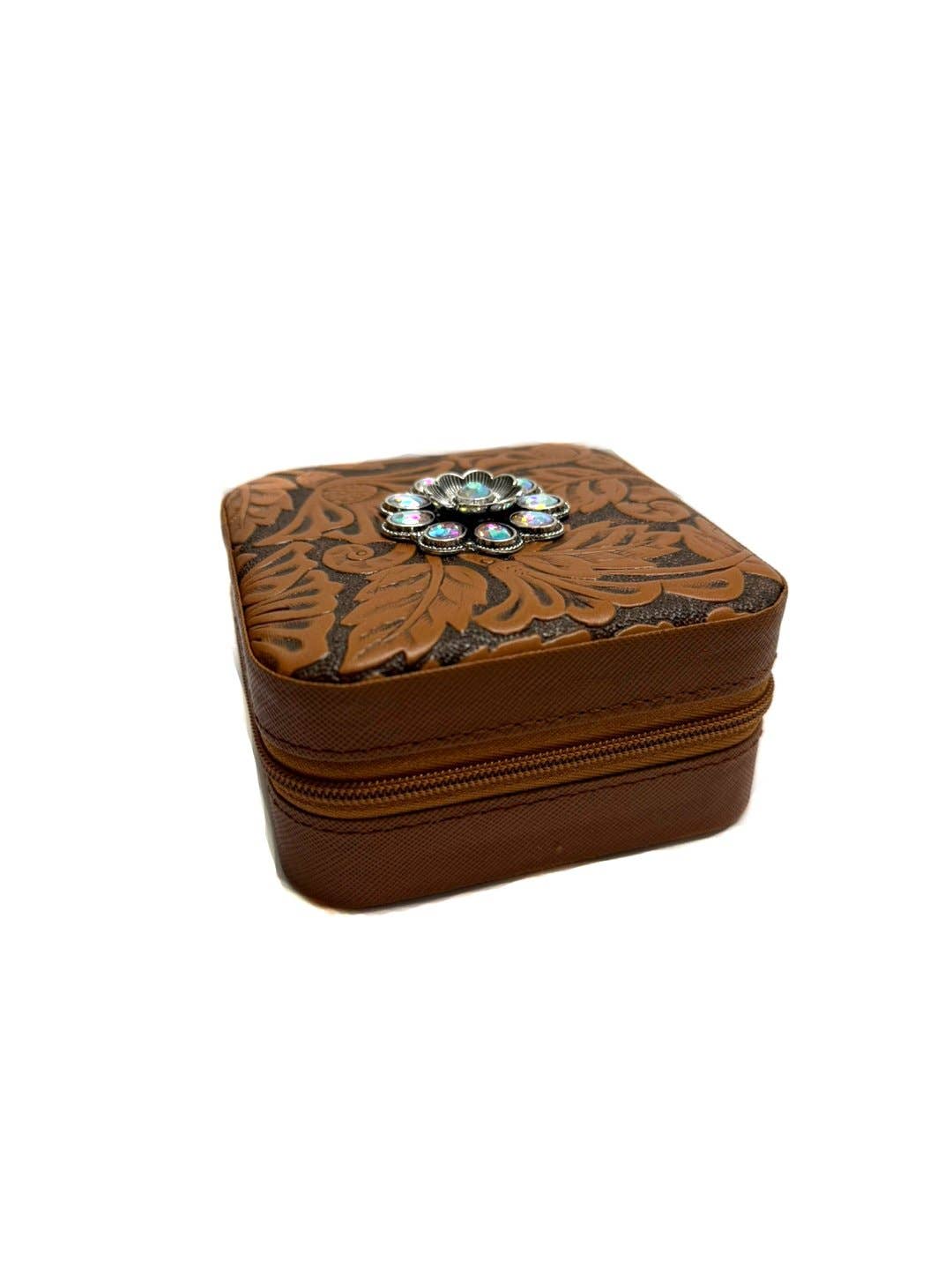 Western Pattern Flower Concho Jewelry Box: Brown