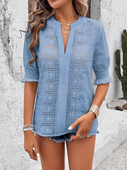 Hollow Out Half Sleeve Boho Top with Ruffle Trim: Rose Red / L