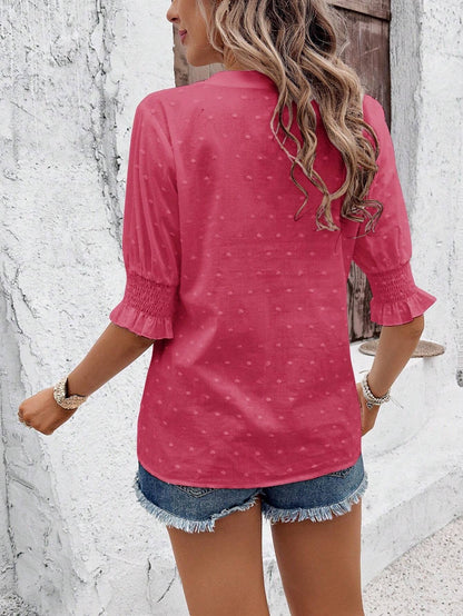 Hollow Out Half Sleeve Boho Top with Ruffle Trim: Rose Red / M