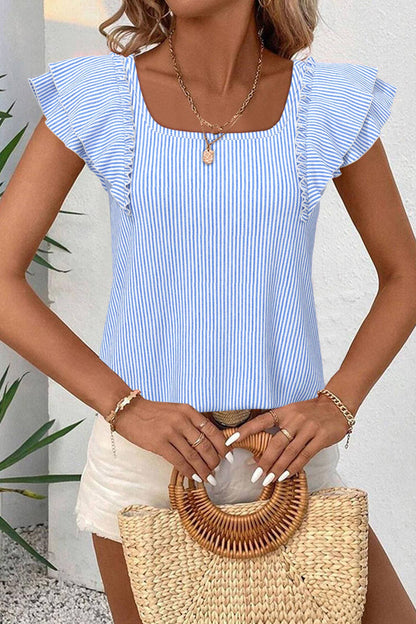 Fashion-W Textured Bow Knot Frilled Butterfly Sleeve Blouse: Blue-Stripe / Missy / M