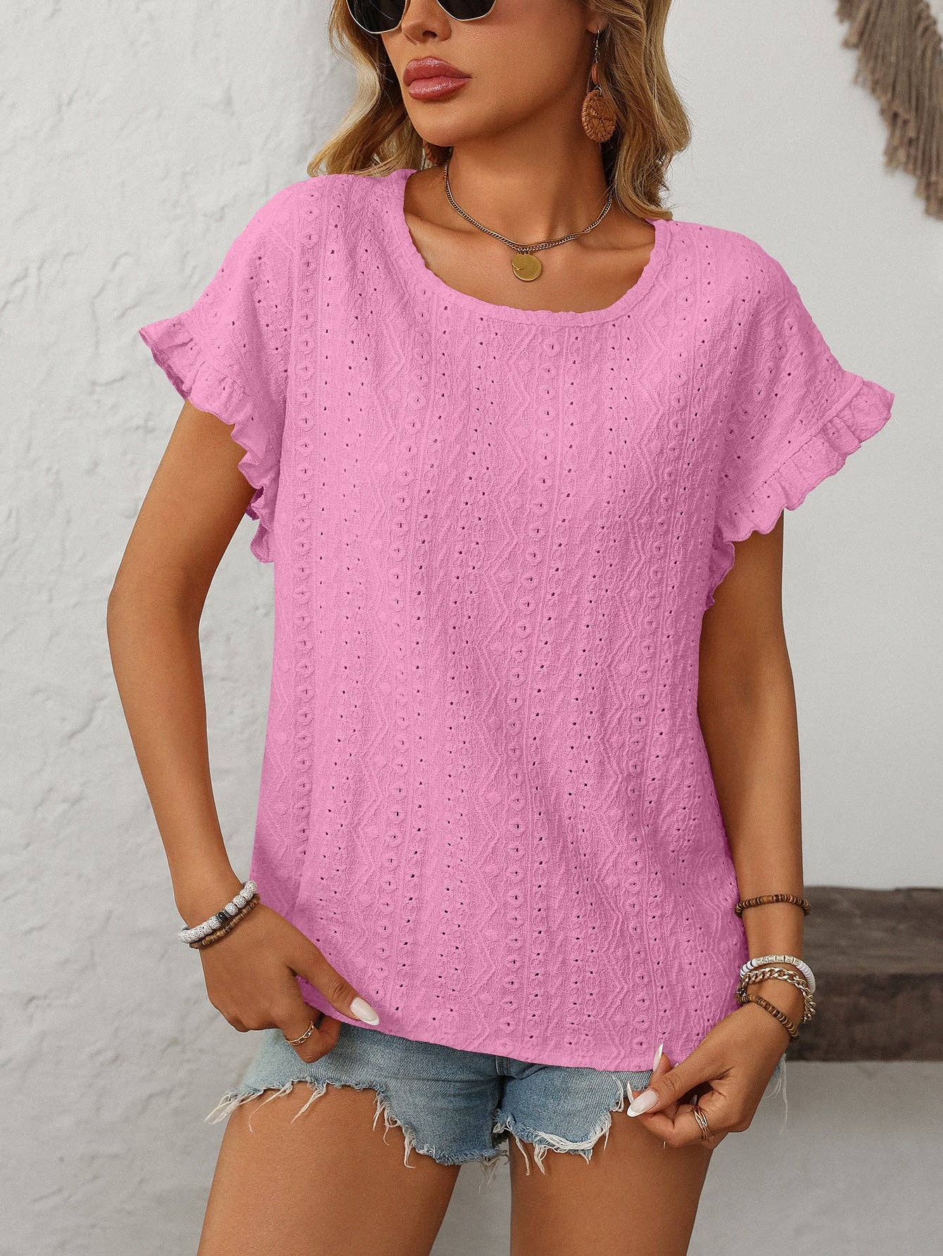 Women’s Eyelet Knit Crewneck Ruffle Sleeve Summer Top: Blue / 65%Polyester+30%Viscose+5%Elastane / S