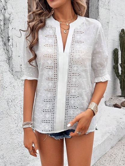 Hollow Out Half Sleeve Boho Top with Ruffle Trim: Rose Red / M